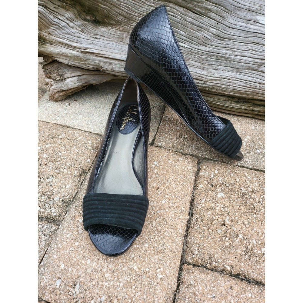 Cole Haan Air Women's Black Faux Snake Peep Toe Wedge Heels sz 6